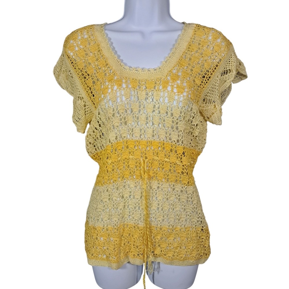 Handmade Granny 70s Boho Crochet Top Grandma Medium Yellow Hippie Festival VTG